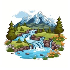 A cartoon illustration of a mountain river with waterfalls flowing over rocks, green trees, and wild flowers.