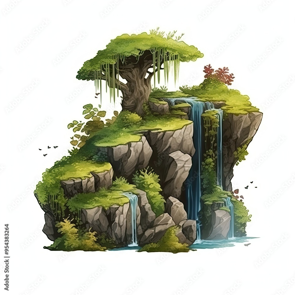 Poster a lush, green island with a waterfall cascading down rocky cliffs and a tree with flowing vines.