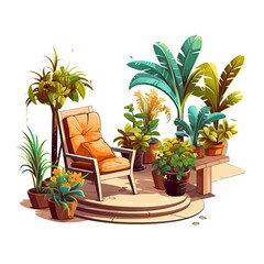 Fototapeta premium A comfortable orange armchair sits on a patio surrounded by lush green plants and flowers.