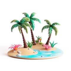 A miniature tropical island with three palm trees, a sandy beach, and a blue lagoon.