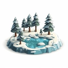 A small snowy island with a frozen lake, surrounded by evergreen trees.