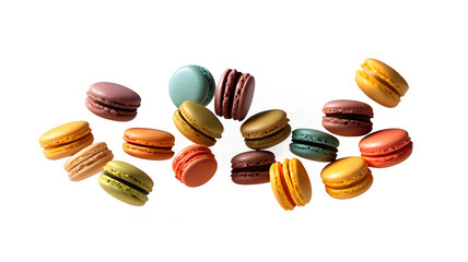 Various colorful of macarons floating on the air isolated on clean png background