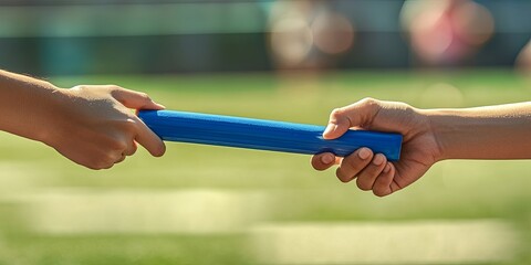 Closeup of two hands passing a blue baton during a relay race.