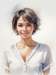 Obraz premium Watercolor portrait of a smiling woman with dark hair in a white shirt against a light background
