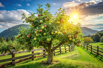 Naklejka premium Lush green apple tree with vibrant leaves and ripening fruits stands tall in a serene, sun-drenched orchard surrounded by rustic wooden fences and verdant hills.
