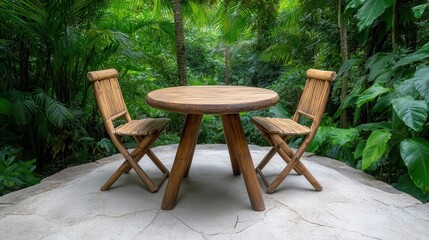 A rustic wooden table and chairs set amidst lush green foliage, creating a serene outdoor dining space in nature.