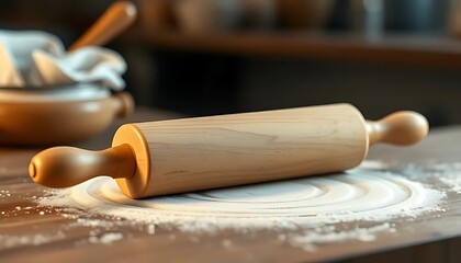 Wooden Rolling Pin On Flour For Baking