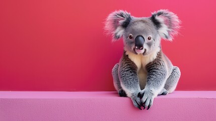 Stuffed koala bear on pink and red background