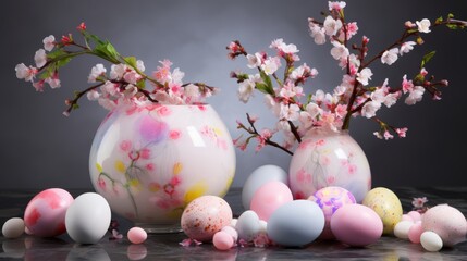Festive easter decoration scene featuring colorful easter eggs, spring flowers, and cute bunny figurines arranged on a wooden table, perfect for celebrating easter sunday with joyful and vibrant holid