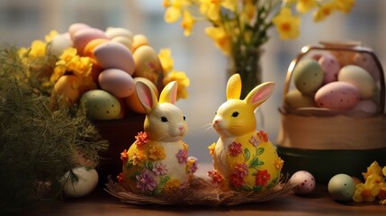 Colorful easter decoration with pastel eggs, fresh spring flowers, and decorative bunnies arranged on rustic wooden table, celebrating festive holiday with vibrant seasonal decor and cheerful atmosphe
