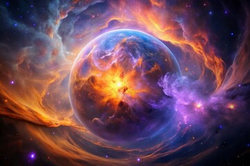 Fototapeta premium Vibrant, swirling clouds of purple and orange gas surround a glowing, spherical nebula, evoking a sense of cosmic