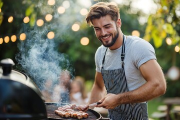 Young man in apron grilling meat on a barbecue at an outdoor summer party with string lights in the background.