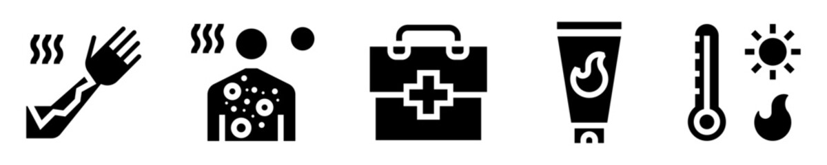 Fototapeta premium Skin burn icons set. Arm with injuries, burn on body, first aid, sunscreen, hot temperature. Solid icons. Vector illustration