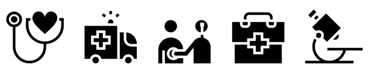 Medical services icons set. Medicine. Stethoscope, ambulance, doctor, patient, first aid kit, microscope. Solid icons. Vector illustration