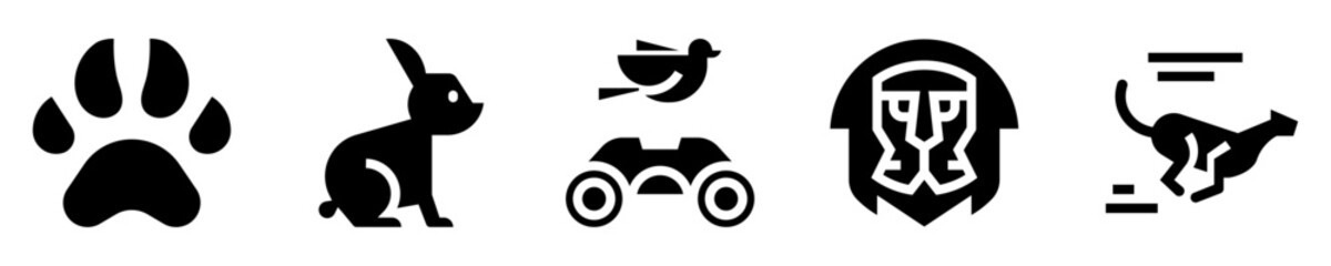 Wildlife icons set. Animals. Paw print, rabbit, exploration with binoculars, lion face, running feline. Solid icons. Vector illustration