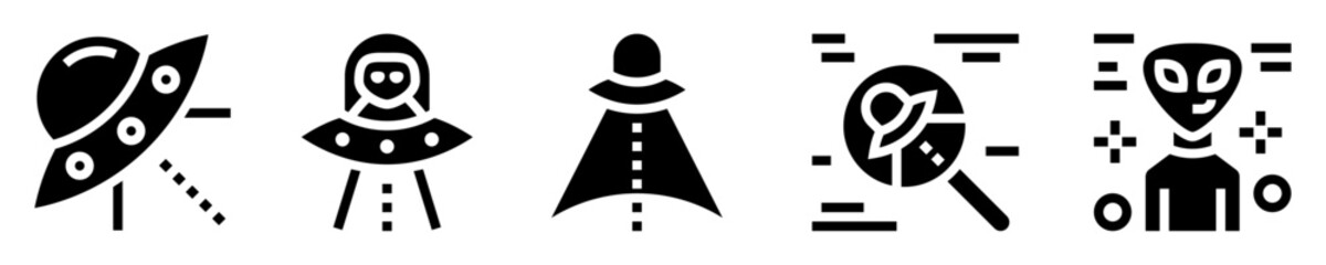 UFO icons set. Spaceship, alien, scientific research, martian. Solid icons. Vector illustration © Frank