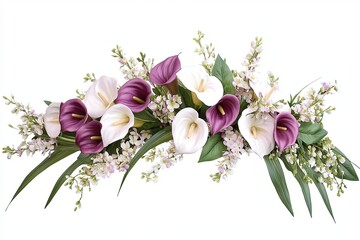 A beautiful bouquet of white and purple calla lilies with delicate pink flowers and green leaves arranged in a crescent shape on a white background.