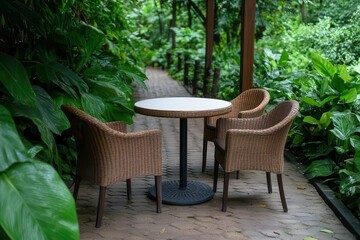 Obraz premium A serene outdoor seating area with a round table and woven chairs surrounded by lush green foliage.
