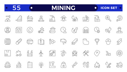 Mining icon set. Containing minerals, gold, pickaxe, miner, excavator, diamond, coal wagon, jackhammer and gold panning icons. Outline icon collection.