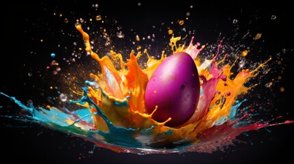 Vibrant easter egg paint splash explosion capturing colorful motion with bright pastel shades and dynamic artistic splatter, perfect for easter holiday celebrations, spring-themed designs, and festive