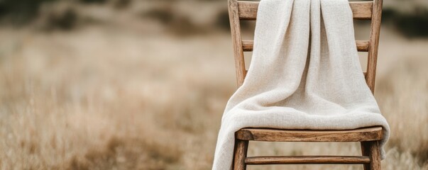 Rustic wooden chair with a light linen throw draped over it, placed in an open field, capturing a sense of tranquility and simplicity.