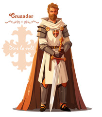 Image of a crusader with a sword, in armor and a cloak. The Crusaders' motto in Latin is - Deus lo vult (God wills it). Vector illustration