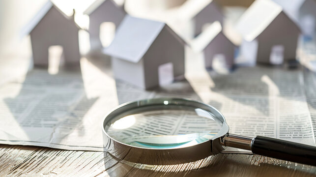 Search for real estate ads in the newspaper. Choice of property, house searching with magnifying glass. Home loan, mortgage, rent apartment and investments concept