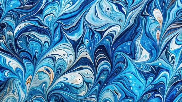 Vibrant, swirly patterns of blue, white, and black marbled paper texture blur and merge, creating a mesmerizing, abstract, and artistic background with depth and movement.