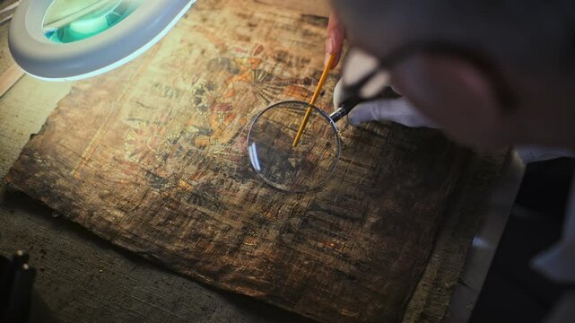 Senior archaeologist studies ancient Egyptian papyrus with colleague under lamp in archaeological laboratory using magnifier. Scientists work with cultural heritage of extinct human civilization.