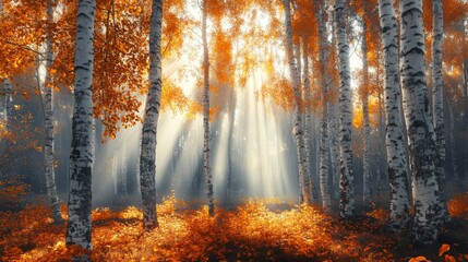 Fototapeta premium Sunlight Filtering Through a Birch Forest in Autumn