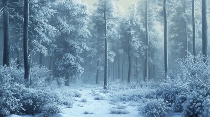 Naklejka premium Wintry forest scene with snow on trees.