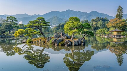 Fototapeta premium Serene Japanese Garden with Traditional Bridge, Pagoda, Tranquil Pond and Lush Green Trees.