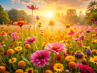 Obraz premium Vibrant, tall flowers in shades of pink, yellow, and orange bloom in a lush, sun-kissed meadow, swaying gently