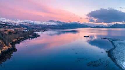 Panoramic aerial view of Loch Linnhe at sunset, near Port Appin and Oban.