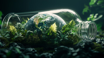 Bottle with a globe inside. Concept of saving the planet and stopping pollution