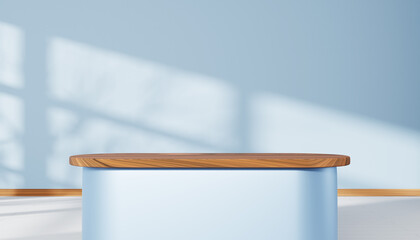 3d oval podium with wood tabletop on light blue wall background render. Bar island pedestal platform table in kitchen room interior for product display. Studio minimal showcase mockup. 3D illustration