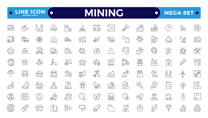 Mining icon set. Containing minerals, gold, pickaxe, miner, excavator, diamond, coal wagon, jackhammer and gold panning icons. Editable stroke outline icon. 