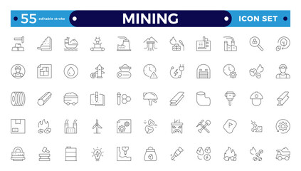 Mining icon set. Containing minerals, gold, pickaxe, miner, excavator, diamond, coal wagon, jackhammer and gold panning icons. Editable stroke outline icon. 