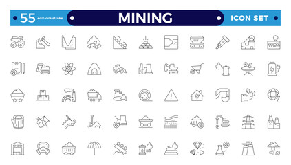 Mining icon set. Containing minerals, gold, pickaxe, miner, excavator, diamond, coal wagon, jackhammer and gold panning icons. Editable stroke outline icon. 