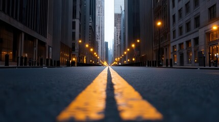 A serene urban street scene captured at dusk, showcasing a perspective view of empty city streets lined with glowing streetlights.