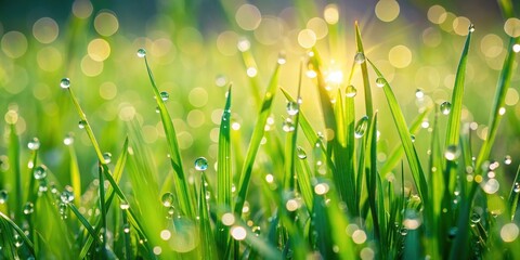 Fototapeta premium Green grass glistening with dew drops in the morning sunlight, nature, outdoors, freshness, spring, environment, wet, vibrant, texture