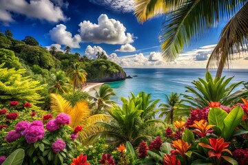 Vibrant tropical flowers, exotic foliage, and serene ocean views blend harmoniously in a stunning