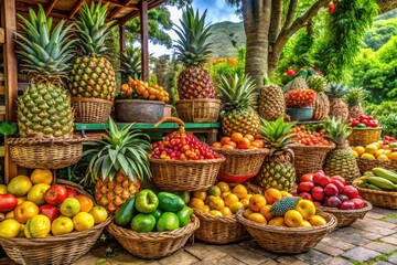 Vibrant tropical fruit stand overflowing with juicy Jamaican apples, bell peppers, and pineapples, surrounded by lush greenery and colorful woven baskets in a sunny outdoor market.