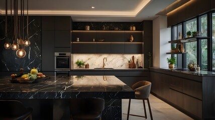 modern kitchen with marble background, dark shades. generative ai