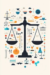 Abstract Illustration of Scales of Justice with Various Legal and Law-Related Icons in a Modern Design