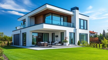 Modern home with pristine lawn