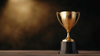 A shiny golden trophy stands on a wooden surface, symbolizing victory and achievement. Perfect for awards and recognition themes.