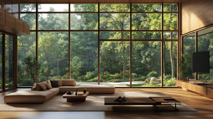 Contemporary living room with open floor plan, large windows facing a peaceful garden, forest