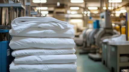 Clean Bed Sheets Piled Near a Large Industrial Washing Machine in a Factory Environment