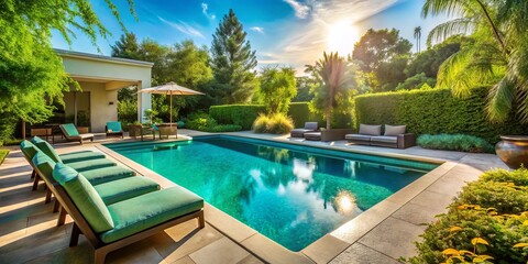 Vibrant turquoise pool water glistens in the sunlight, surrounded by lush greenery and modern patio furniture, creating